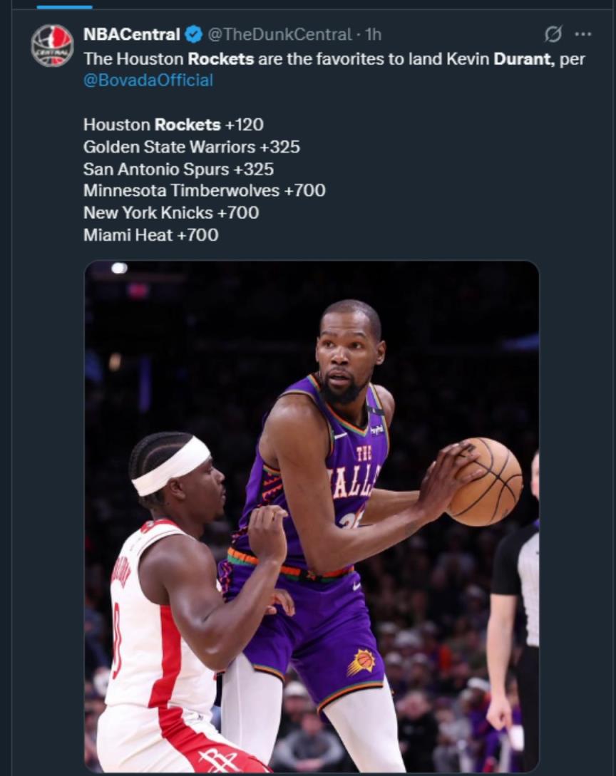 難道說(shuō)？美媒曬杜蘭特下家賠率，火箭大幅度領(lǐng)跑！